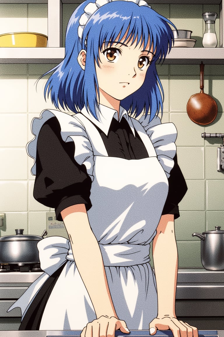 Maid,kitchen,stand,short hair, blue hair,retro anime, Urashihara Satoshi style,high resolution, high quality, hight detailed