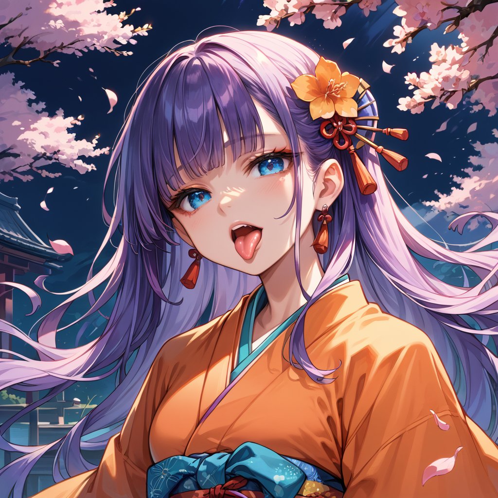 1girl, solo, long hair, blue eyes, purple hair, japanese clothes, tongue, tongue out, kimono, :p, orange kimono, akanbe,score_9,score_8_up,score_7_up,source_anime,BREAK,Eyes,Beautiful eyes,(High quality),(High resolution),(high detailed),close up