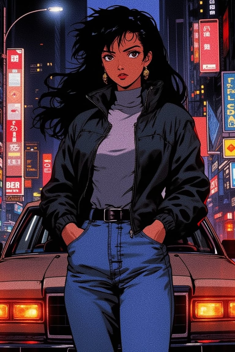 1girl, solo, black hair,long hairs, jewelry, jacket, earrings, pants, denim, lipstick, motor vehicle, jeans, hands in pockets,Anime style,retro anime,high resolution,high quality,masterpiece,dark skin,city,night