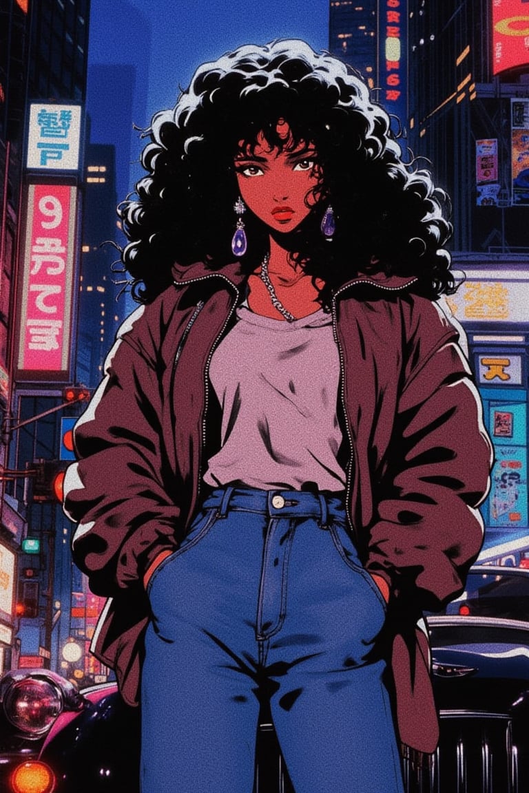 1girl, solo, black hair,long hairs,curly hair, jewelry, jacket, earrings, pants, denim, lipstick, motor vehicle, jeans, hands in pockets,Anime style,retro anime,high resolution,high quality,masterpiece,dark skin,city,night