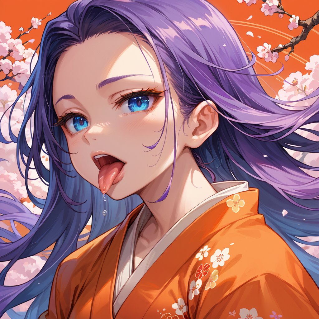 1girl, solo, long hair, blue eyes, purple hair, japanese clothes, tongue, tongue out, kimono, :p, orange kimono, akanbe,score_9,score_8_up,score_7_up,source_anime,BREAK,Eyes,Beautiful eyes,(High quality),(High resolution),(high detailed),close up