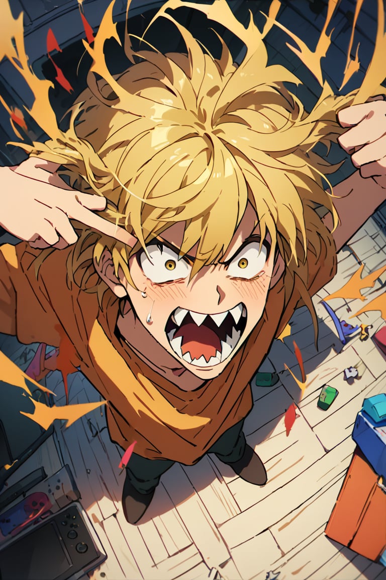 Boy,scream,dentata,sharp teeth,blonde,short hair,crazy,madness,room,play console,sit on floor,sticking hair,source_anime,score_7_up,score_8_up,score_9, (masterpiece),(High quality),(High resolution),(high detailed),BREAK,overhead view