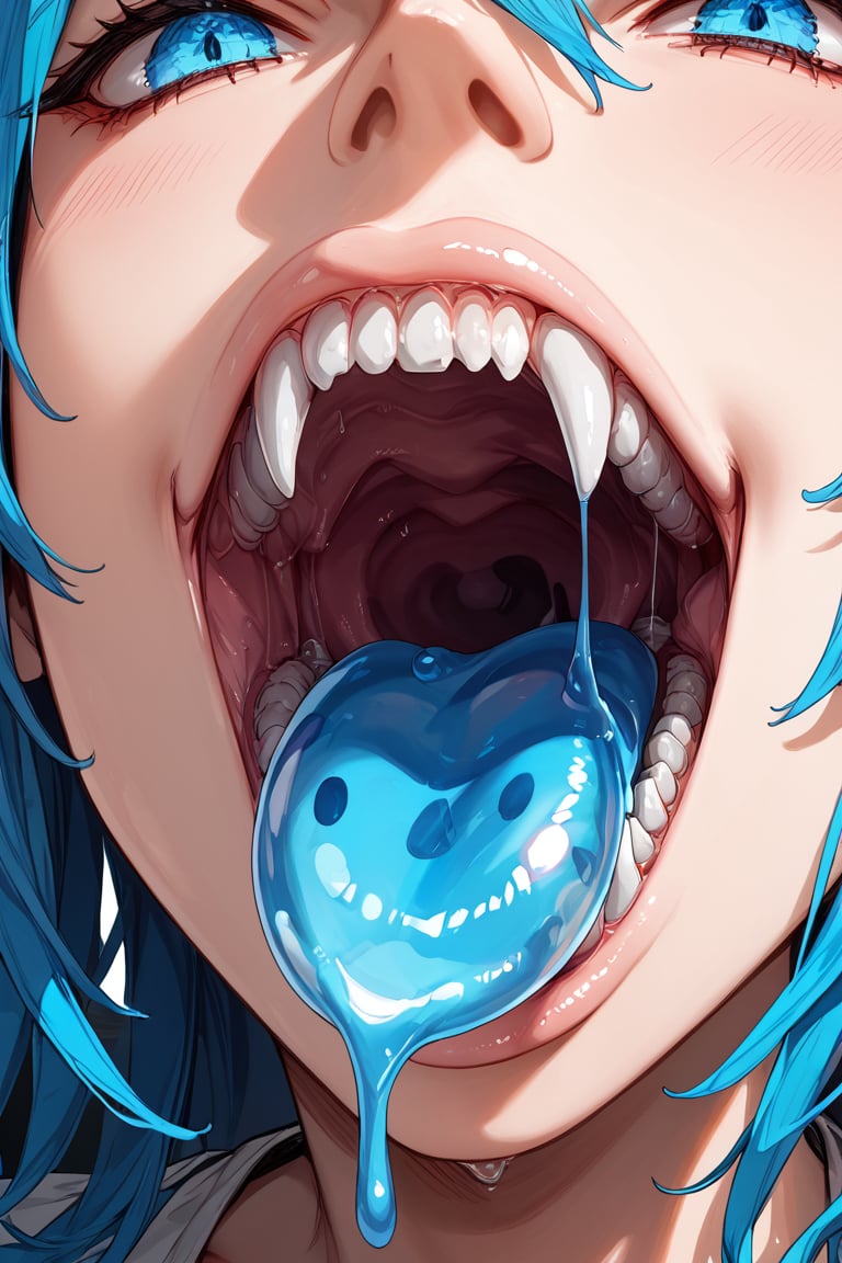 Girl,dentata,tongue,sharp teeth,slime(object),source_anime,score_7_up,score_8_up,score_9, (masterpiece),(Highest quality),(High resolution),(Very detailed),close up