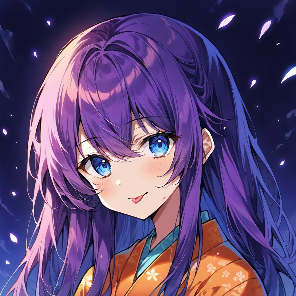 1girl, solo, long hair, blue eyes, purple hair, japanese clothes, tongue, tongue out, kimono, :p, orange kimono, akanbe,score_9,score_8_up,score_7_up,source_anime,BREAK,Eyes,Beautiful eyes,(High quality),(High resolution),(high detailed),close up