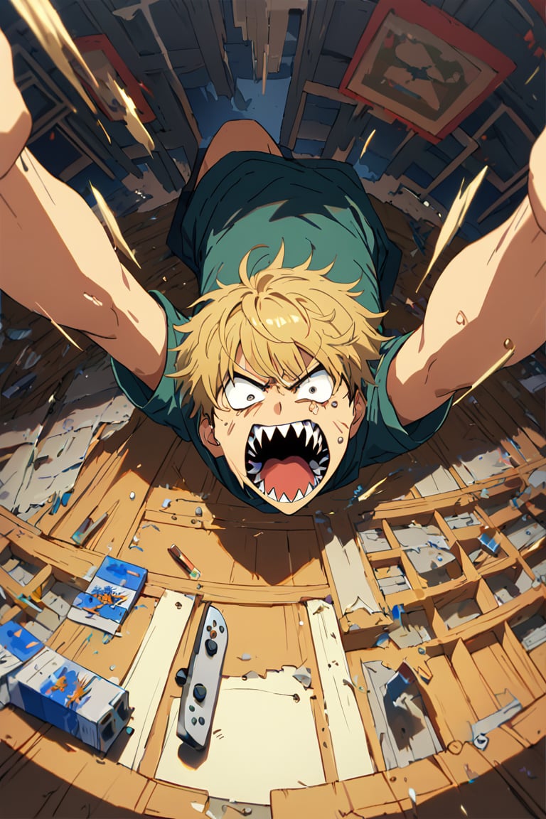 Boy,scream,dentata,sharp teeth,blonde,short hair,crazy,madness,room,hold gamepad,cartridges on floor,sticking hair,source_anime,score_7_up,score_8_up,score_9, (masterpiece),(High quality),(High resolution),(Very detailed),BREAK,overhead view