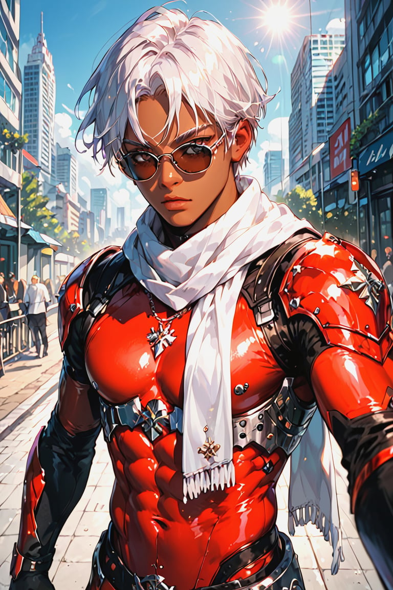 Selfie,muscular men,red bodysuit,tight bodysuit,white hair,middle hair,sunglasses,dark skin,white scarf,cheer,sunlight,city,armored shoulders,high resolution, high quality, high detailed, masterpiece,score_9, score_8, score_7, score_7_up, score_8_up