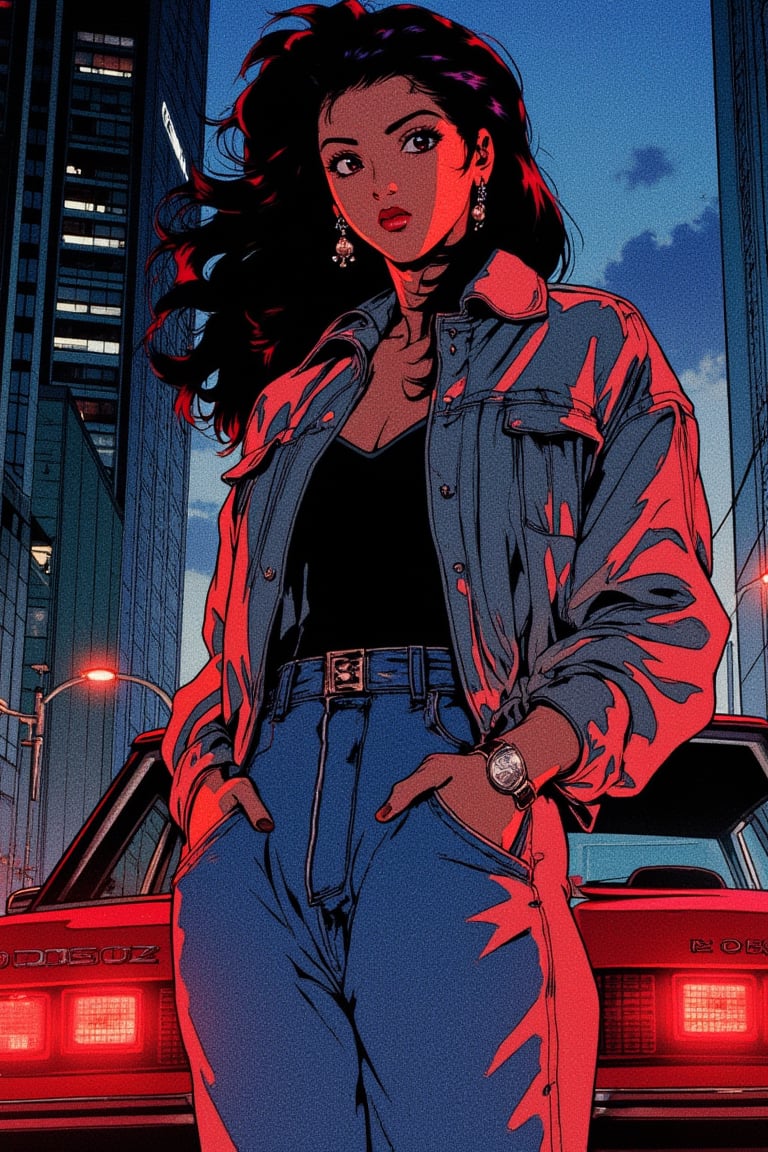 1girl, solo, black hair,long hairs, jewelry, jacket, earrings, pants, denim, lipstick, motor vehicle, jeans, hands in pockets,Anime style,retro anime,high resolution,high quality,masterpiece,dark skin,city,night