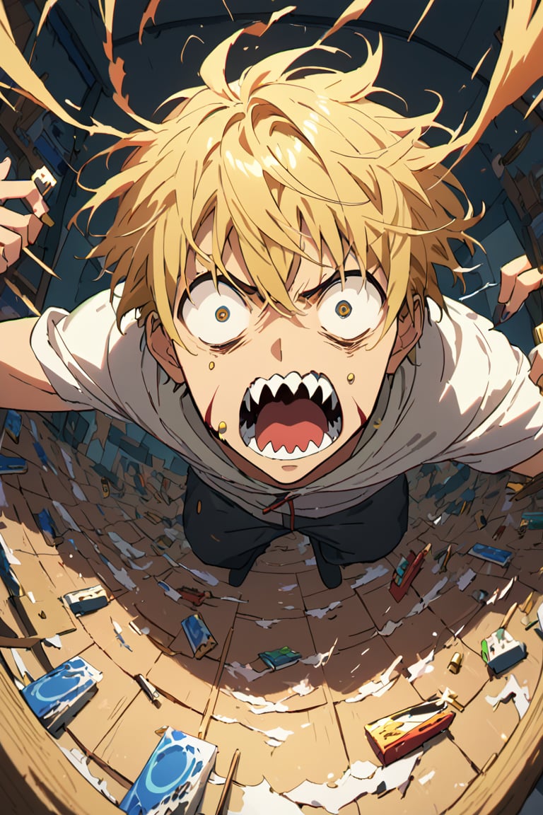 Boy,scream,dentata,sharp teeth,blonde,short hair,crazy,madness,room,hold gamepad,cartridges on floor,sticking hair,source_anime,score_7_up,score_8_up,score_9, (masterpiece),(High quality),(High resolution),(Very detailed),BREAK,overhead view