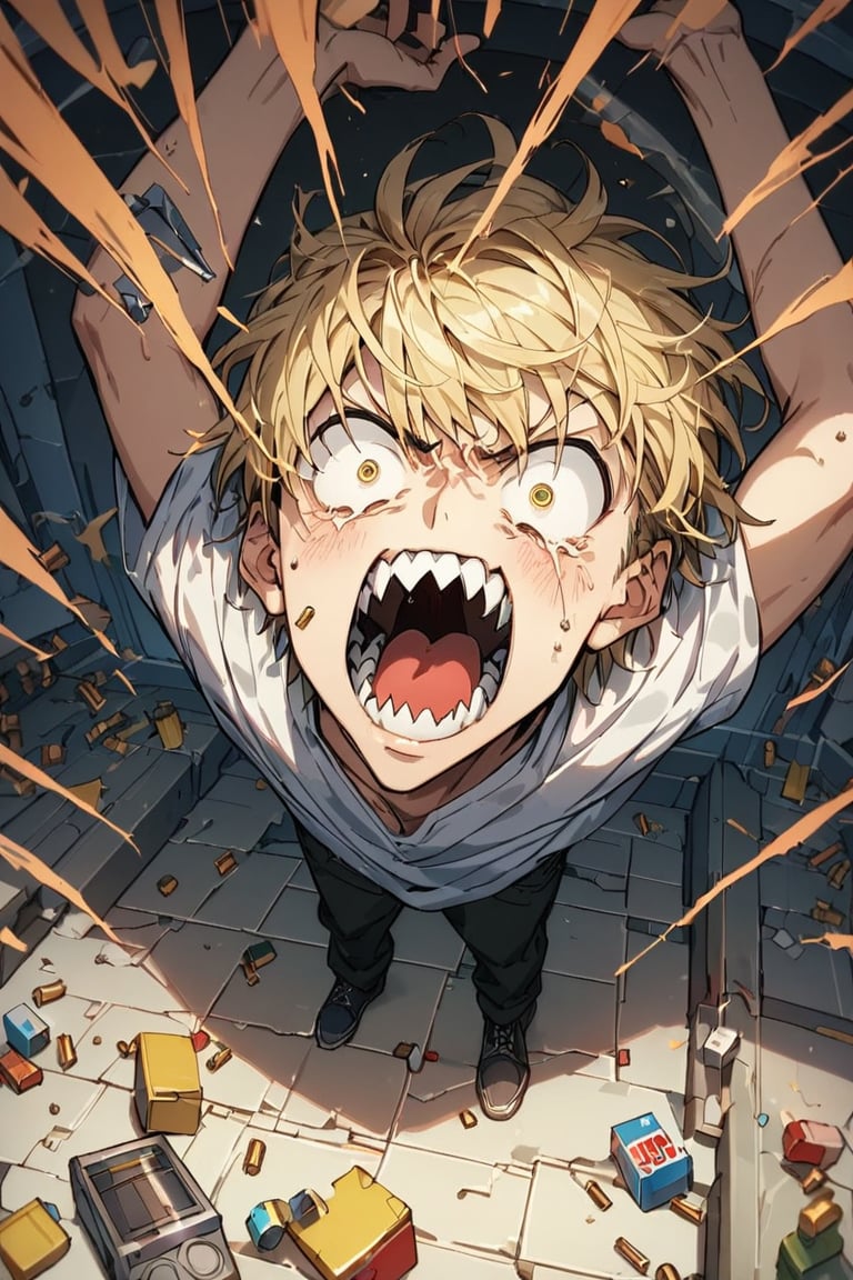 Boy,scream,dentata,sharp teeth,blonde,short hair,crazy,madness,room,hold gamepad,cartridges on floor,sticking hair,source_anime,score_7_up,score_8_up,score_9, (masterpiece),(High quality),(High resolution),(Very detailed),BREAK,overhead view