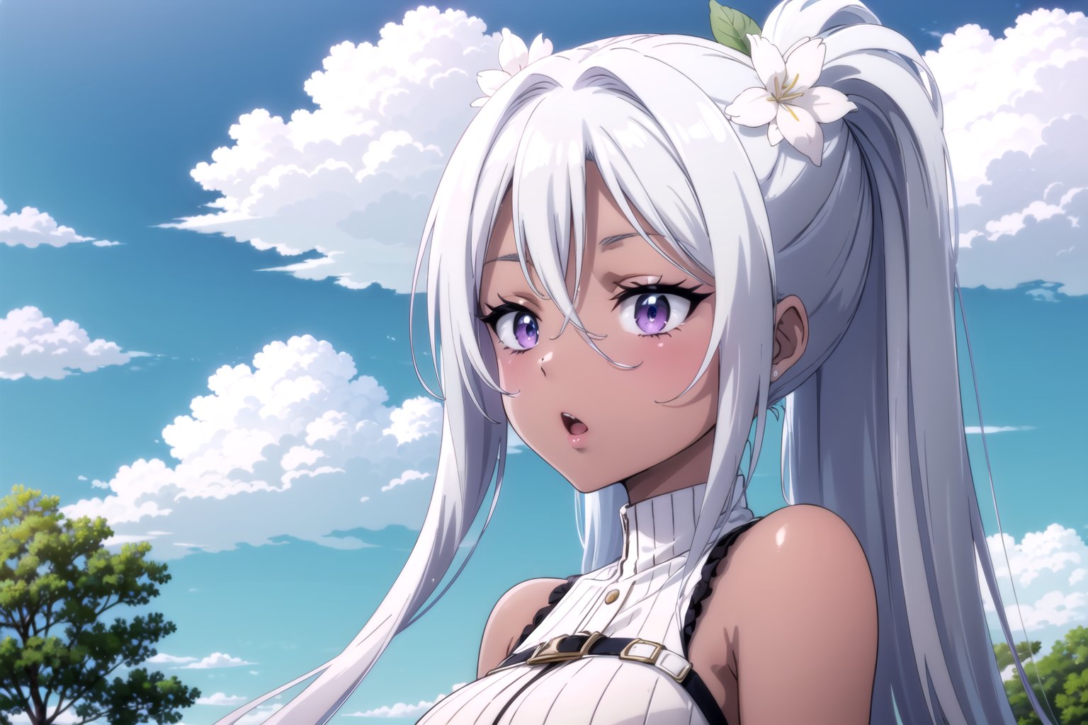 subl, solo, long hair, blush, open mouth, bangs, hair ornament, hair between eyes, bare shoulders, blue hair, purple eyes, upper body, flower, cyan hair, sidelocks, outdoors, parted lips, neko, sky, sleeveless, day, cloud, hair flower, dark skin, :o, dark-skinned female, blue sky, parody, red flower