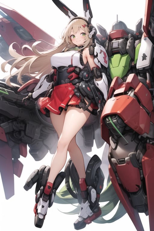 masterpiece,(1girl), (mecha_armor), smile, (massive mecha arms), (massive mecha legs), mecha skirt, mecha wings, long blonde hair,dropping green eyes, dynamic angle, basic_background,