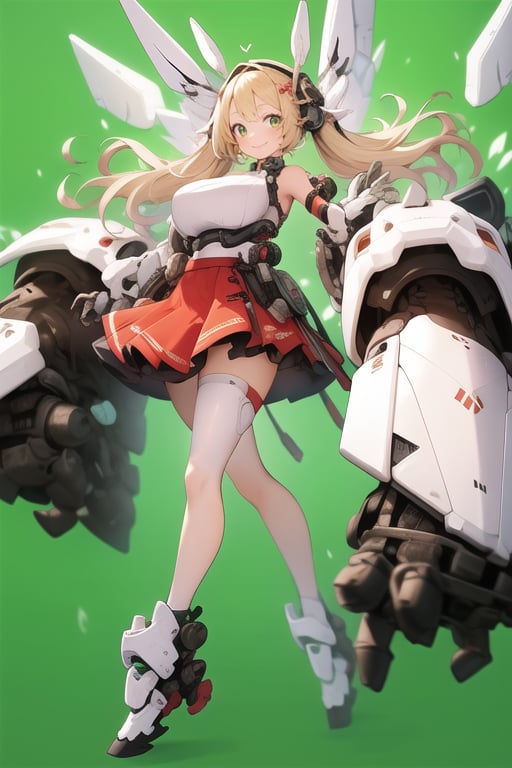 masterpiece,(1girl), (mecha_armor), smile, (massive mecha arms), (massive mecha legs), mecha skirt, mecha wings, long blonde hair,dropping green eyes, dynamic angle, basic_background,