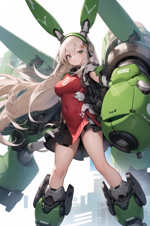 masterpiece,(1girl), (mecha_armor), smile, (massive mecha arms), (massive mecha legs), mecha skirt, mecha wings, long blonde hair,dropping green eyes, dynamic angle, basic_background,