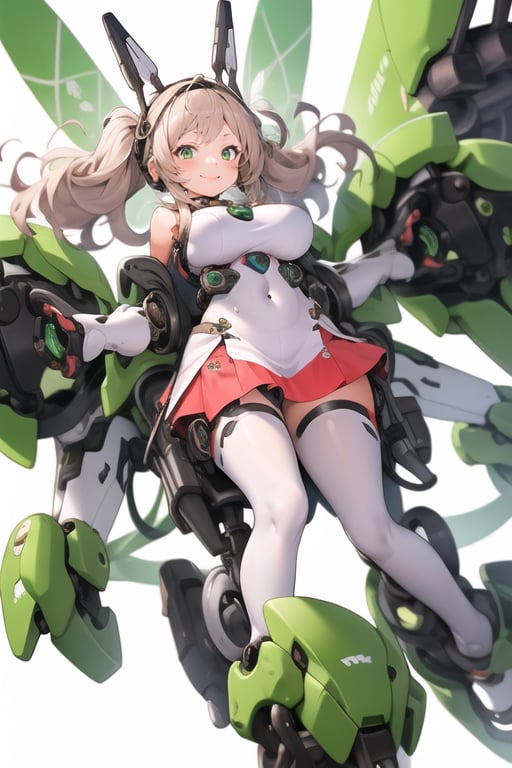 masterpiece,(1girl), (mecha_armor), smile, (massive mecha arms), (massive mecha legs), mecha skirt, mecha wings, long blonde hair,dropping green eyes, dynamic angle, basic_background,