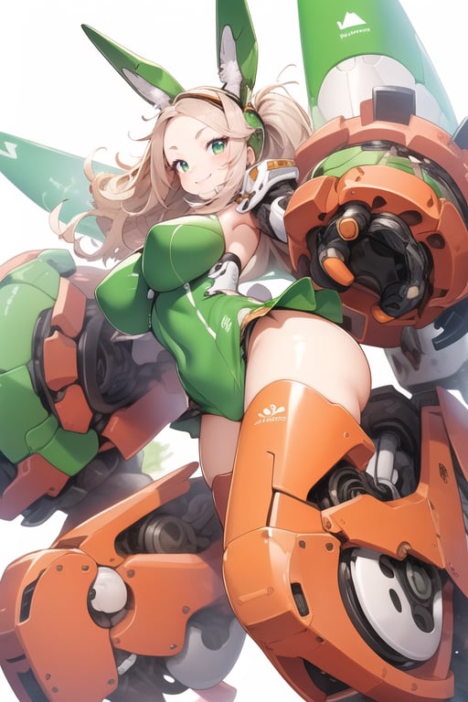 masterpiece,(1girl), (mecha_armor), smile, (massive mecha arms), (massive mecha legs), mecha skirt, mecha wings, long blonde hair,dropping green eyes, dynamic angle, basic_background,