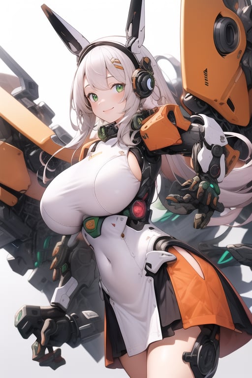 masterpiece,(1girl), (mecha_armor), smile, (massive mecha arms), (massive mecha legs), mecha skirt, mecha wings, long blonde hair,dropping green eyes, dynamic angle, basic_background,