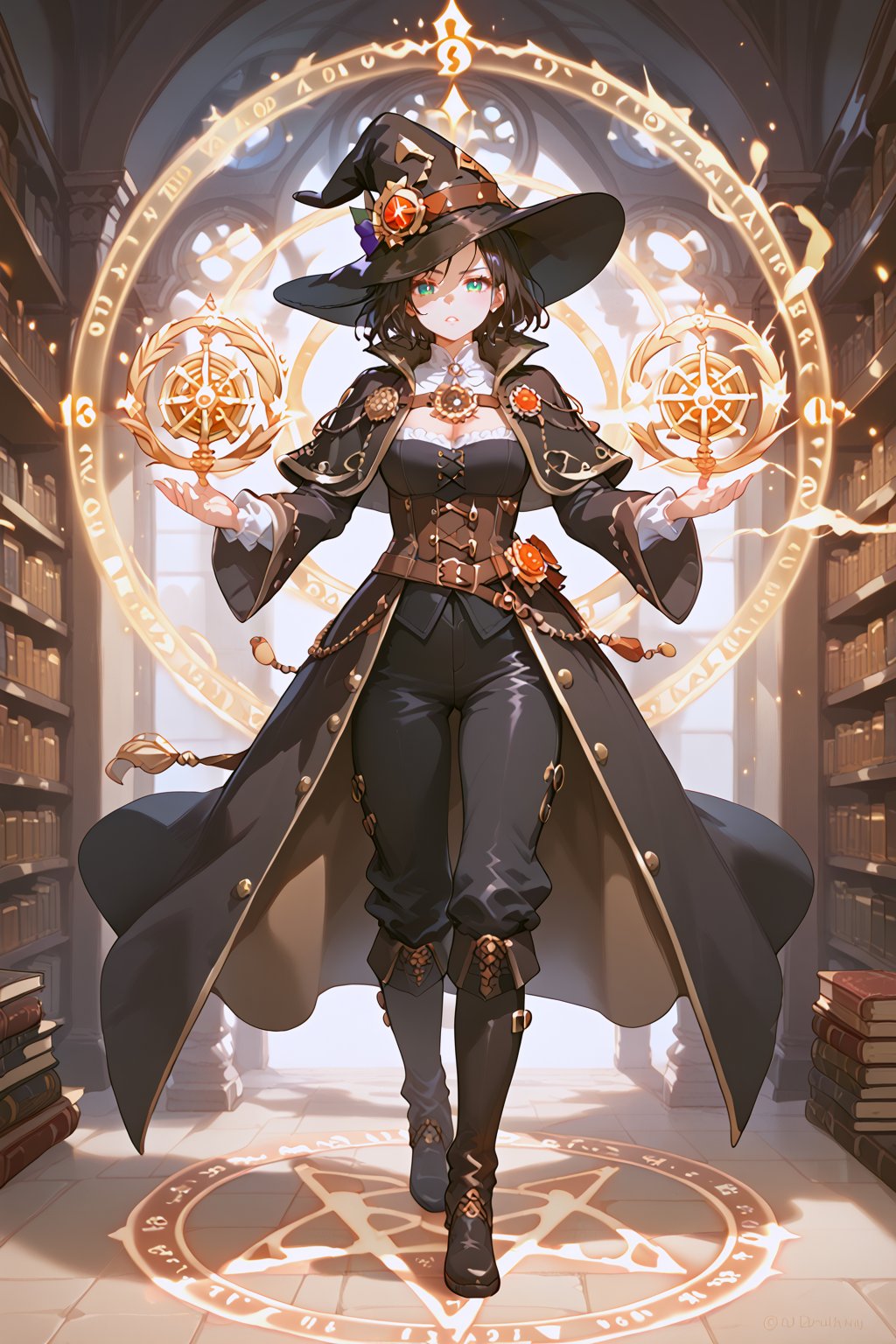 score_9,score_8_up,score_7_up,source_anime,BREAK full body shot, 1 woman witch, tall woman, thin body, short haircut, medieval cloak, steampunk accesories, black suit, black pants, black boots, big magic hat, character design, casting a very powerful cast in a library of magic books, ink magic, action pose,Circle,magical circle,allblacksuit,elementalfusion