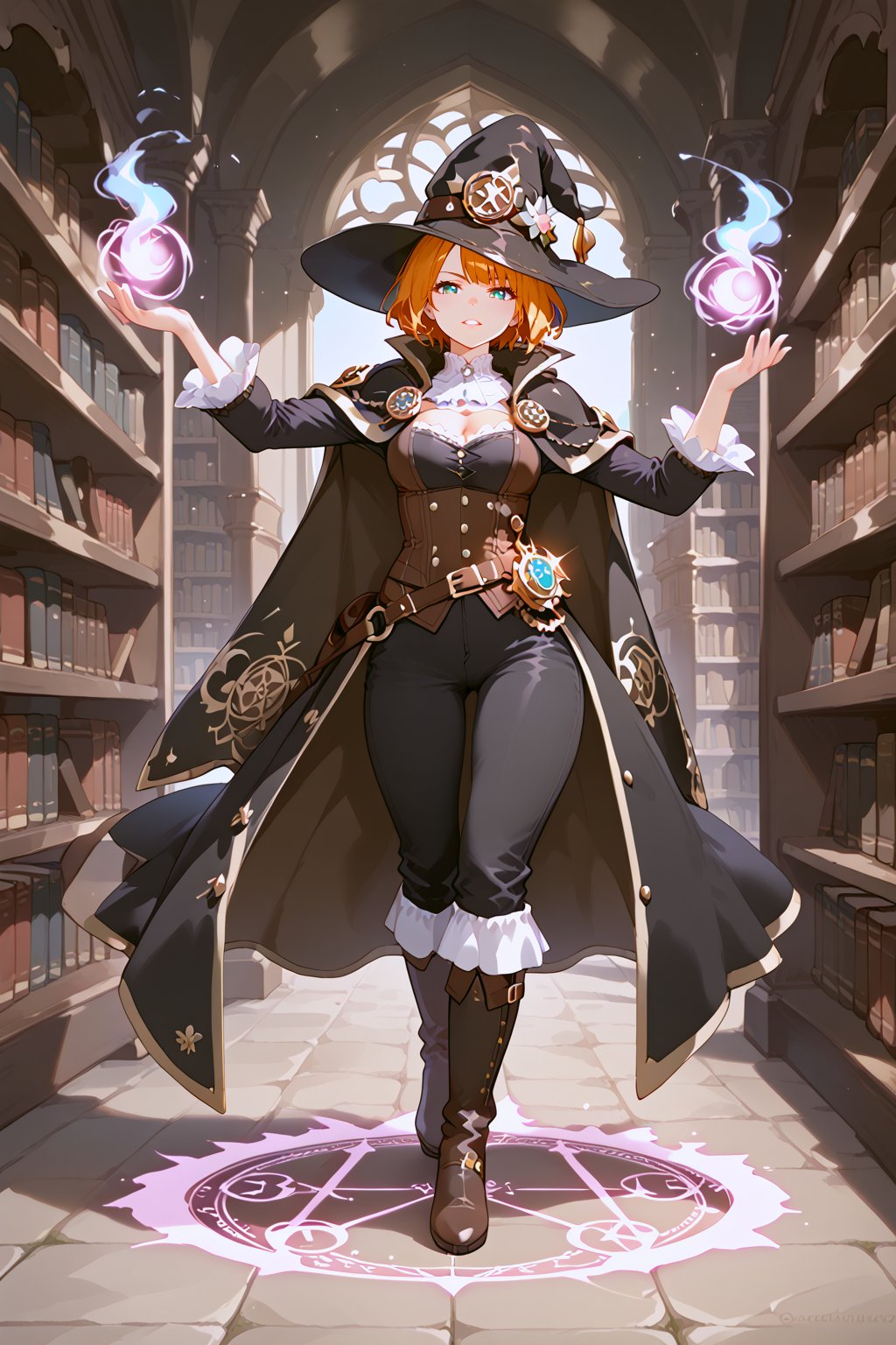 score_9,score_8_up,score_7_up,source_anime,BREAK full body shot, 1 woman witch, tall woman, thin body, short haircut, medieval cloak, steampunk accesories, black suit, black pants, black boots, big magic hat, character design, casting a very powerful cast in a library of magic books, ink magic, action pose,Circle,magical circle,allblacksuit,elementalfusion,airmode