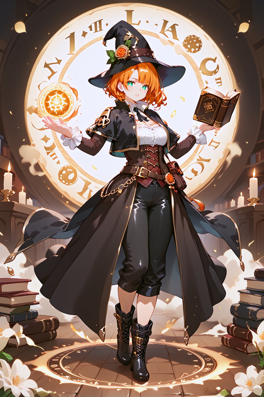 score_9,score_8_up,score_7_up,source_anime,BREAK full body shot, 1 woman witch, tall woman, thin body, short haircut, medieval cloak, steampunk accesories, black suit, black pants, black boots, big magic hat, character design, casting a very powerful cast in a library of magic books, ink magic, action pose,Circle,magical circle,allblacksuit,elementalfusion,earthmode