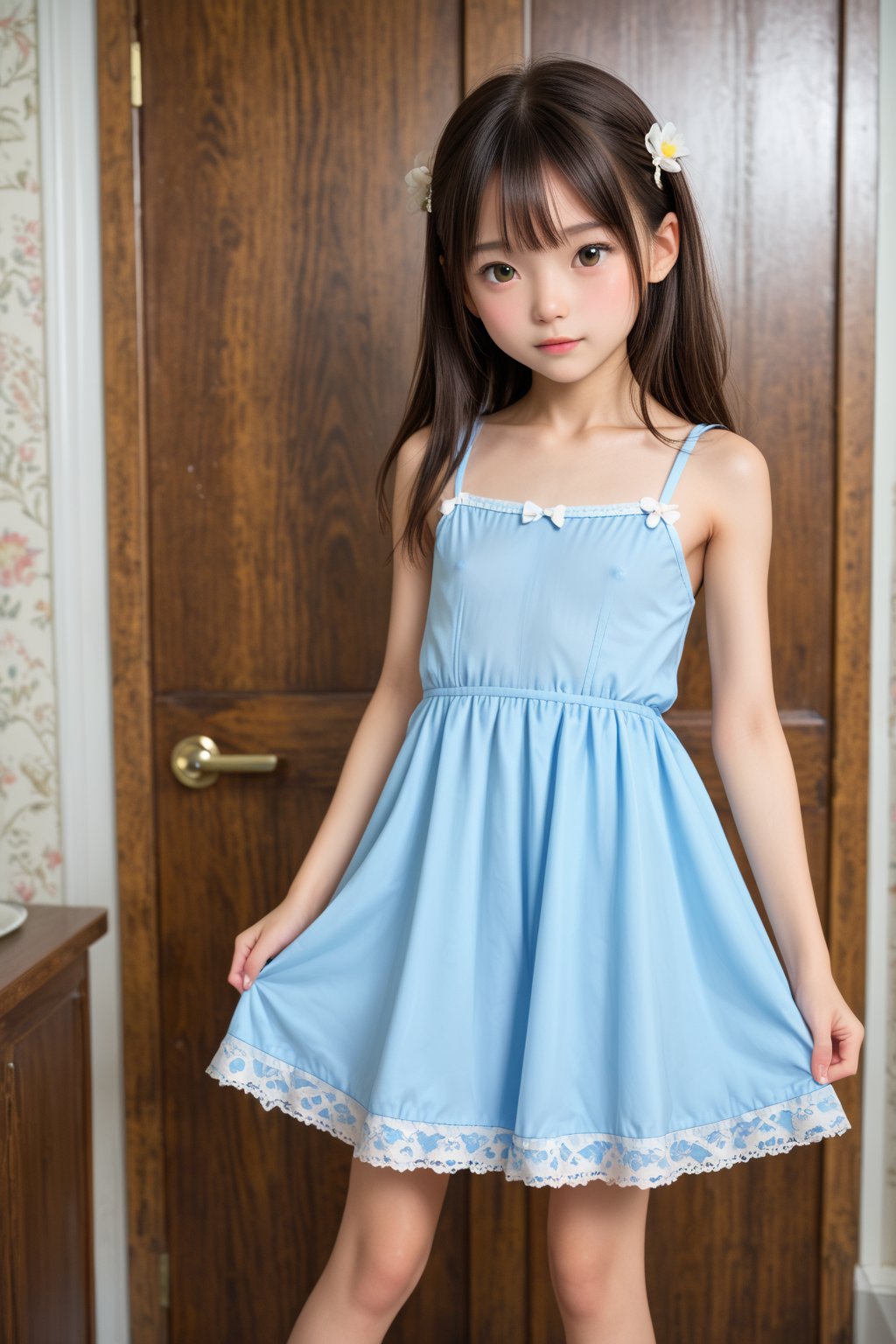 little unmatured girl, dress,
petite children's body,