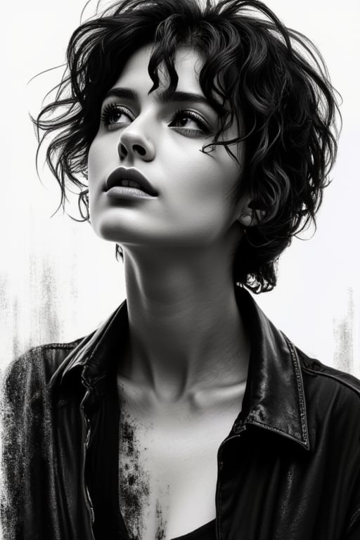 a beautiful female model, a beautiful young woman with short, dark hair. She gazes upward, her head tilted back slightly, conveying a sense ofconfidence and defiance. The artwork uses a monochromatic palette, with bold black and white tones, accentuating the dramatic shadows and highlights on her face and neck. The background is minimalistic, with subtle splatters and abstract strokes that add a dynamic element to the composition. The woman's leather jacket adds a touch of edginess to her appearance, enhancing the overall strong and empowered vibe of the image. The soft lighting emphasizes the natural contours of the subject, and the artist's careful attention to detail gives the portrait a realistic feel. The brushwork is fluid and refined, reminiscent of the painterly mannerisms of artists such as Quentin Blake.