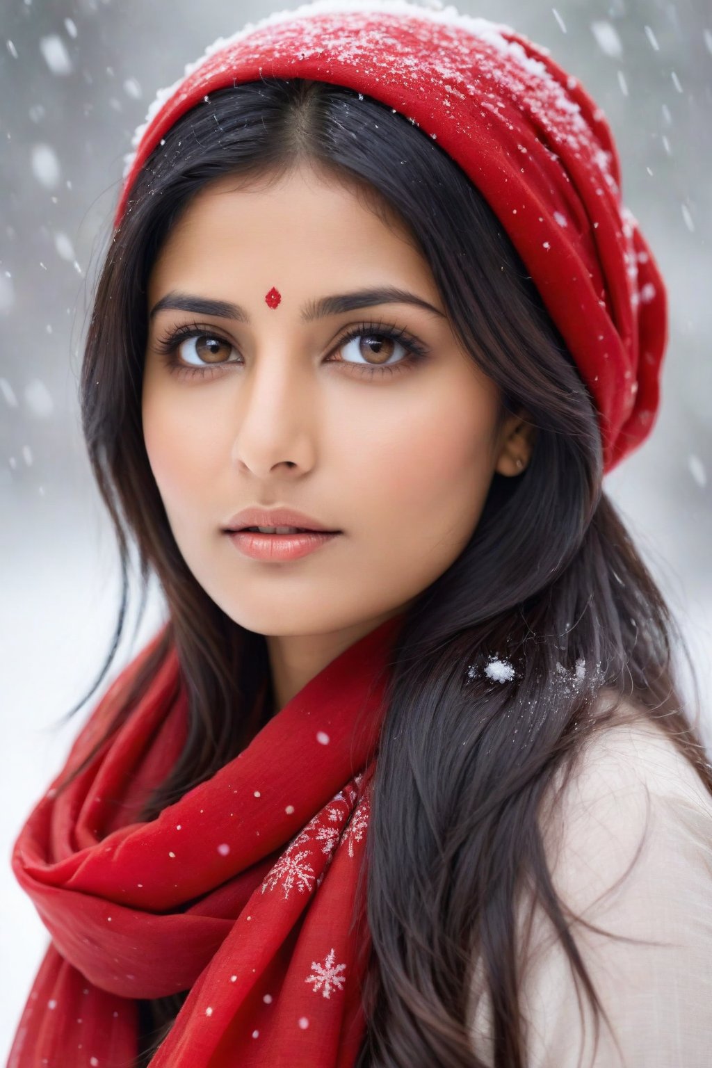 a young woman, cute, 36 years old,indian girl, staring into space, black hair, brown eyes, red scarf, snowing, realistic, realistic skin texture,Indian Model