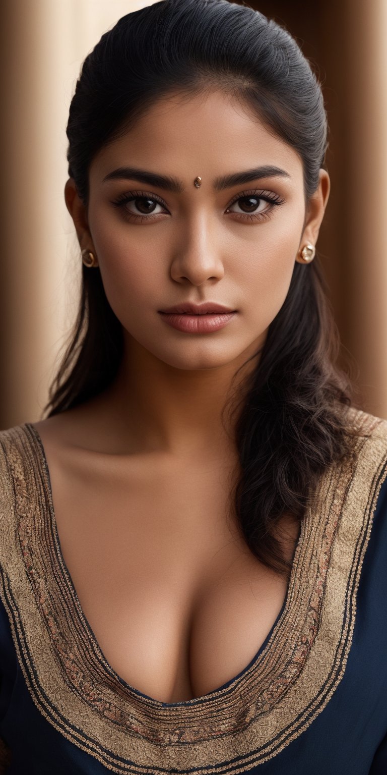 A close-up portrait of a indian woman with vitiligo, her skin a beautiful tapestry of light and dark tones. Her eyes shine with determination and her lips are curved in a gentle smile. The background is a calming gradient of blues and purples, 
,Amity.,Mythri