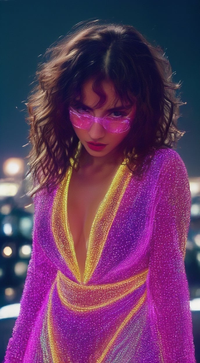 Portrait photo of a Japanese woman in a glowing sci_fic bodysuit standing on a neon-lit rooftop, the city skyline reflecting in her visor, with holographic drones around her.