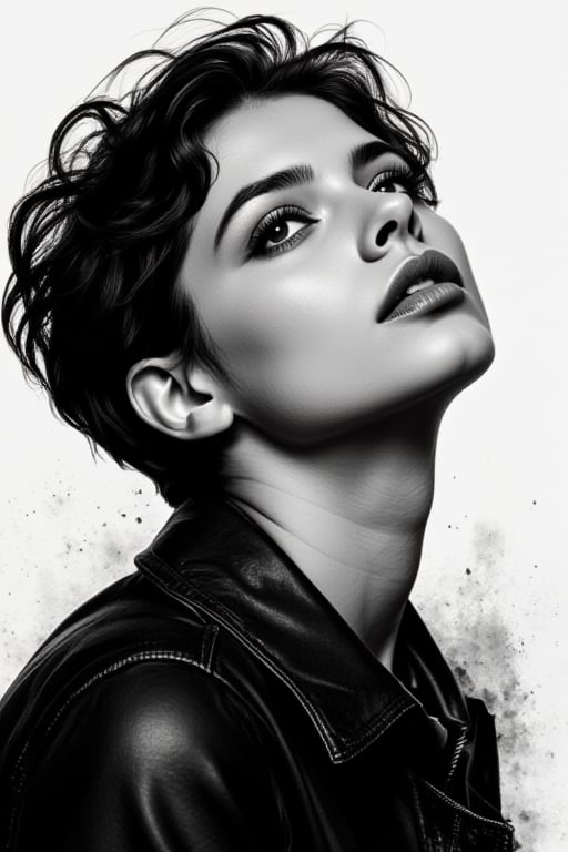 a beautiful female model, a beautiful young woman with short, dark hair. She gazes upward, her head tilted back slightly, conveying a sense ofconfidence and defiance. The artwork uses a monochromatic palette, with bold black and white tones, accentuating the dramatic shadows and highlights on her face and neck. The background is minimalistic, with subtle splatters and abstract strokes that add a dynamic element to the composition. The woman's leather jacket adds a touch of edginess to her appearance, enhancing the overall strong and empowered vibe of the image. The soft lighting emphasizes the natural contours of the subject, and the artist's careful attention to detail gives the portrait a realistic feel. The brushwork is fluid and refined, reminiscent of the painterly mannerisms of artists such as Quentin Blake.