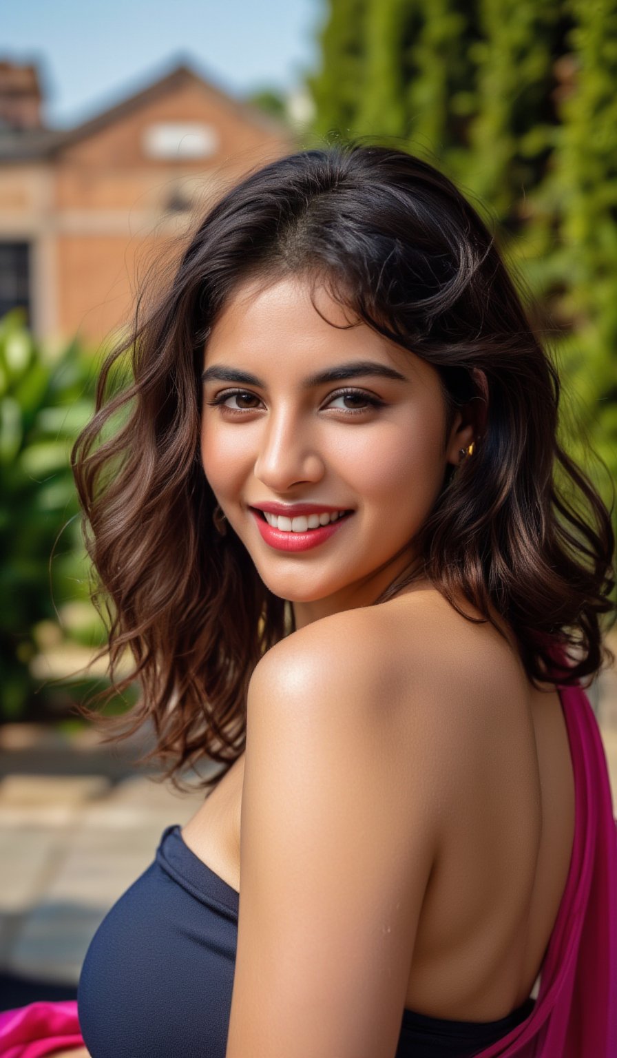 A 35mm frame captures Kalyani Priyadarsh's radiant smile as she stands outdoors, surrounded by lush green bushes and a brick building's rustic charm. Her soft, wavy brown hair caresses her cheeks. The natural light illuminates her porcelain complexion, accentuating her elegant features. Her eyes sparkle with warmth, drawing the viewer in. Notice the gentle curve of her lips and the subtle definition of her eyebrows. A hint of transparency reveals a glimpse of her navel, adding an air of mystique to her allure. The camera's lens is unobstructed, allowing for a crisp, realistic rendering, inviting the viewer to step into this captivating scene.