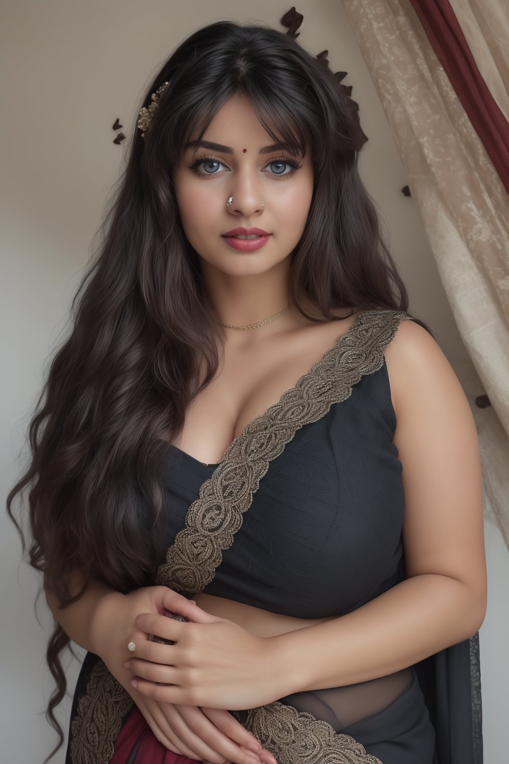 (masterpiece, best quality, ultra-detailed, 8K),high detail, realisitc detailed, a beautiful young indian girl curvy body with long flowy black hair over shoulders in the dark, wearing a full tight indian lacy net multi color saree fully see through dress in wedding palace tempting manner, blue eyes, pale soft skin, kind smile, glossy lips, a serene and contemplative mood, red lips,hd makeup,Indian,(blue eyes)(temptaation shy manner)