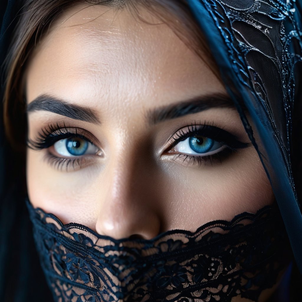 The left half of a woman's face wearing a (black chiffon face veil) is captured on a (extreme close-up:1.5) film photograph. It is pitch black and the light from the upper-left side falls on the half side of her face. The light isn't too bright, but It's just enough to barely reveal her magnificient cosmic blue eyes and the immediate areas around it in a very sharp, high detail, casting a striking effect on her retinas, making it shines and looked so gorgeous and identical to a woman's. The photograph should showcase (only the half side of her face, focusing mainly on her eye:1.3). Shot on a kodak, (half face), (front view:1.5), (facing viewer:1.5), (vignette:1.2), shallow depth of field, masterpiece, best quality, ultra hires, 4k, HDR,  sharp focus, vibrant colors, cinematic lighting, cinematic photography, hyper realistic, ultra detailed, detailed eyes, perfect eyes.,photorealistic