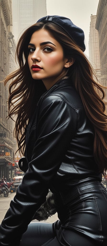 A stunning hyper-realistic charcoal artwork by Sasan, showcasing Maeve, a 25-year-old woman with dark hair and a newsboy cap. She is casually posed with a half-cut leather jacket, leaning on her motorcycle. The background features a captivating cityscape with towering buildings, creating a dynamic contrast between the subject and the urban environment. The artwork is enriched with oil varnish, showcasing deep and rich colors, and pays homage to the beauty of nature through a print collage of a woman's face in the style of Josef Kote, Grunge Beauty, Dain Yoon, and Cyan and Blue. The multi-layered composition and Antonio Mancini's influence result in a captivating and thought-provoking piece, displayed on a sustainable black iron panel. The charcoal sketch invites viewers. By 007