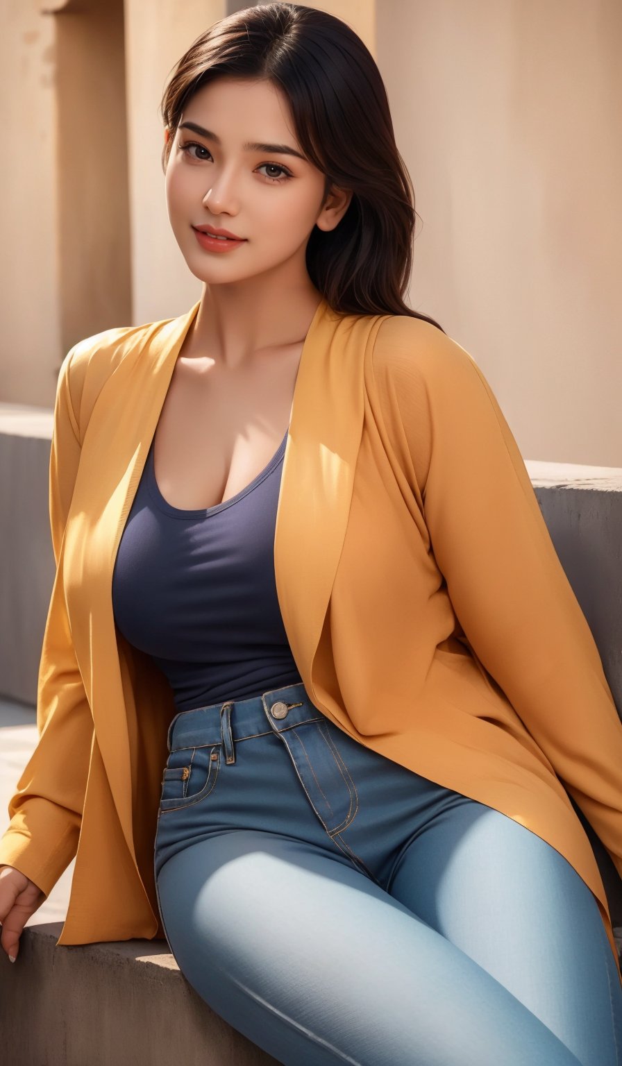 A 35-year-old beautiful Taiwanese woman,Best quality, masterpiece, ultra high res, (photorealistic:1.4), raw photo, 1girl, Very confident smile ,,, confident smile,full bod,bangs,Carrying thin-framed eyeglasses,,Wearing a long white blazer,Aqua blue t-shirt top,Blue ultra-slim denim pants,sassy buttocks,,Keep your head up and your chest high,perfect light,1 girl,Sitting,Slightly tooth baring,