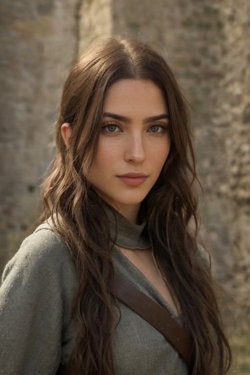 A cinematic, highly realistic, and detailed image of Jade Picon in a ruined medieval castle. Jade Picon is dressed as a medieval warrior, facing the viewer directly. Ensure her face and eyes are extremely realistic and detailed. The scene should have sharp, clear details with crumbling walls and a historical atmosphere.
