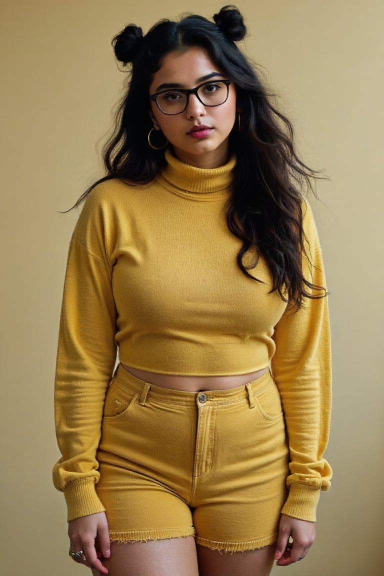 Mallu, 1girl, 32yo, solo, twin tail ponytail, two bun , long hair, looking at viewer, black open hair, jewelry, turtle neck sweater, yellow, short trouser, morden dress, upper body, navel, , earrings, eye glasses, black eyes, lips, hoop earrings, realistic,mallu,  