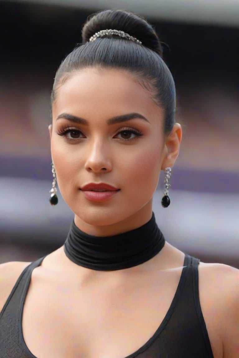 A close-up shot of an sportswoman wearing sheer lycra attire, her dark locks tied into a sleek bun. A cascade of long earrings adorns her neck as she gazes directly at the camera, exuding confidence and poise. The framing highlights her toned physique, with a shallow depth-of-field emphasizing the sparkling jewelry.