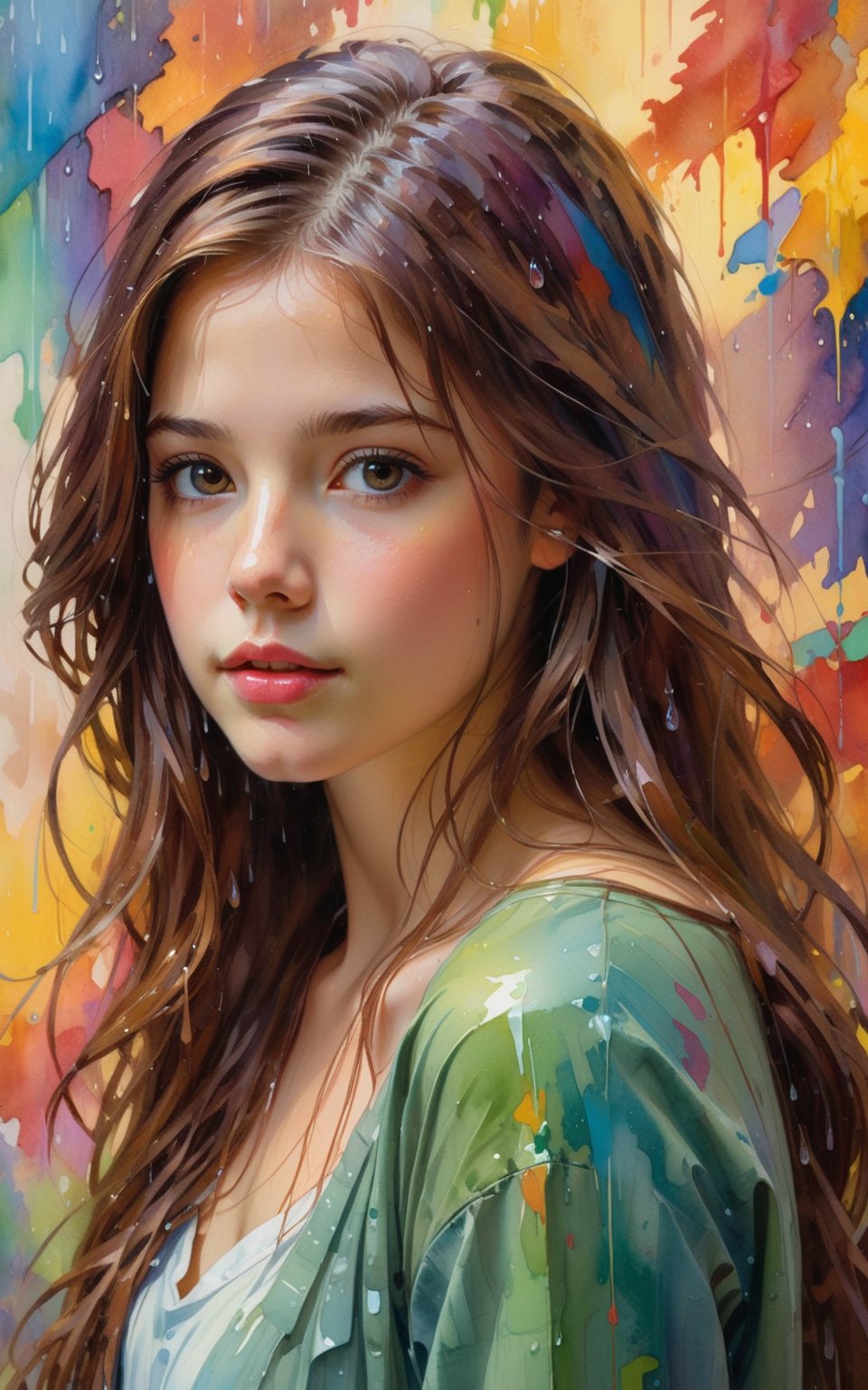 1girl, solo, long hair, looking at viewer, brown hair, closed mouth, upper body, mole, lips, colorful abstract paint on the wall behind her. water color, rain by Daniel Gerhartz