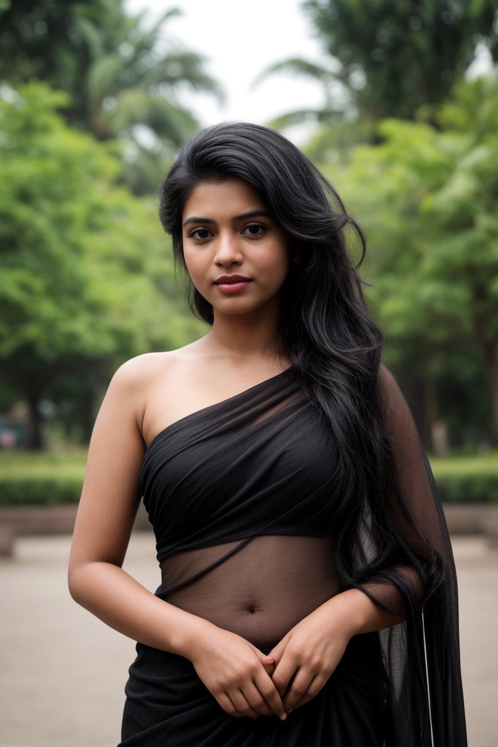 Create a photorealistic portrait of a 23-year-old Indian girl with captivating beauty. She has long, black hair styled elegantly and is dressed in a simple black saree that highlights her natural beauty, including her medium bust. The background depicts a relaxed park 
