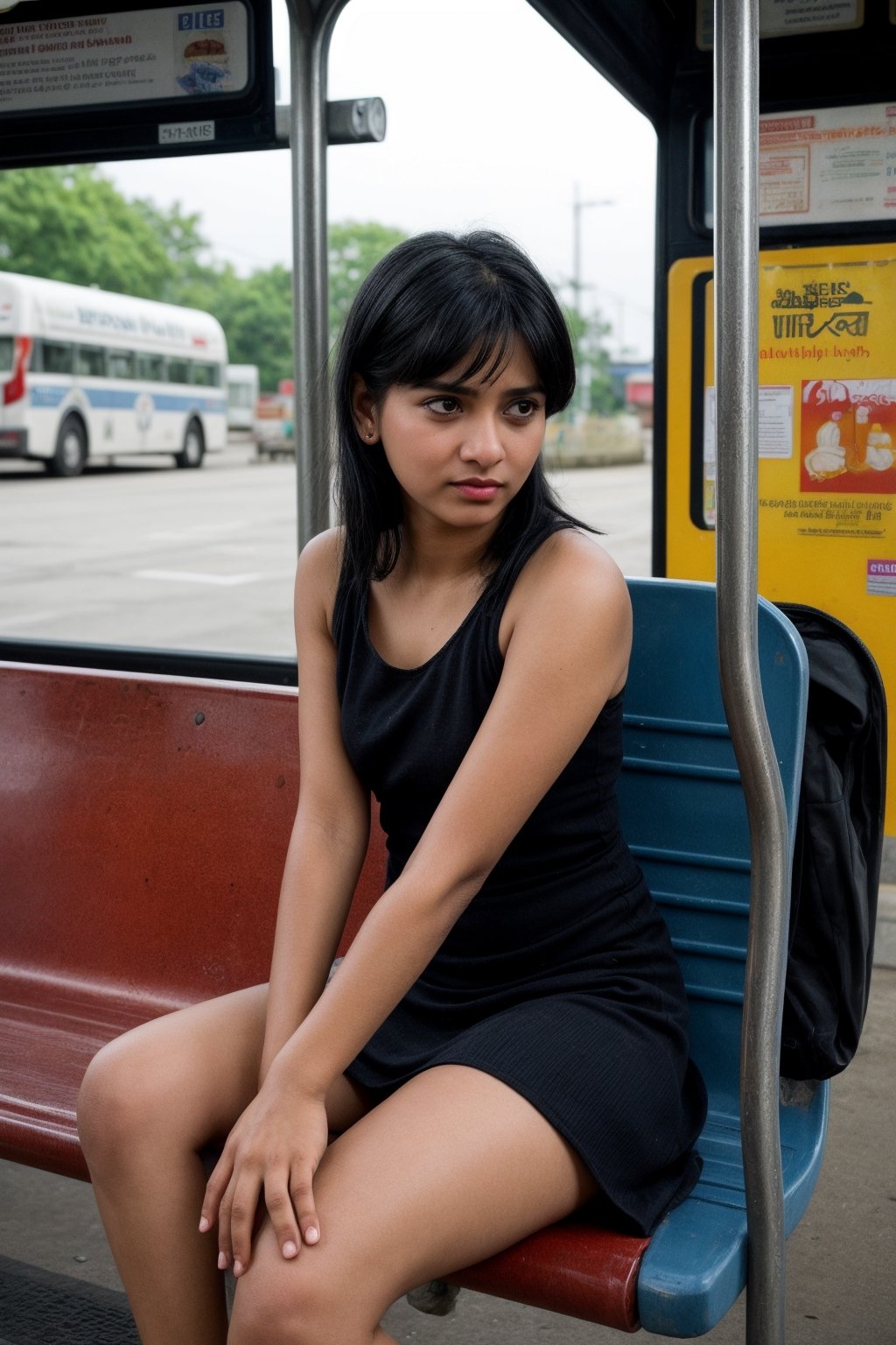 A 23-year-old Indian girl with black hair is sitting at a bus stand. She's wearing a stylish short dress, with blue colour and her expression is one of calm anticipation as she waits for her bus. The scene captures the everyday urban life, with the background bustling yet slightly blurred, highlighting her presence. The bus stand has a mix of advertisements and signs, adding a touch of authenticity to the setting.