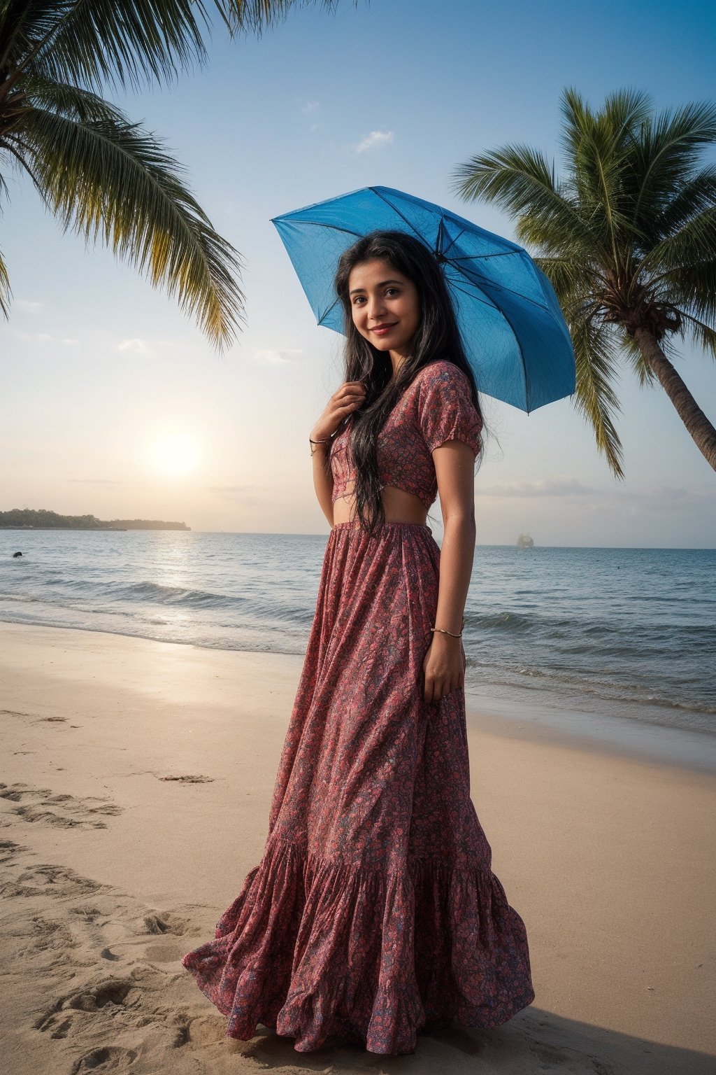 A 23-year-old Indian girl with flowing black hair stands on the sandy shore of a vibrant beach. She is wearing a colorful beach dress that flutters gently in the sea breeze. The sun casts a warm glow on her skin, and she gazes out at the sparkling blue waves with a serene smile. The background features a lively scene of beachgoers, umbrellas, and palm trees, creating a picturesque and relaxed atmosphere.