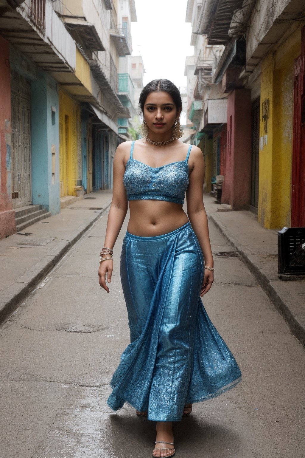 ## Prompt:

**Subject:** Stunning young Indian woman (23) with AI-generated beauty in a blue dress, walking confidently down a Bengaluru street.

**Full body photo:** Capture her stride and the bustling city scene (landmarks optional).

**Focus:** Realistic, AI-generated face with a curious expression. Natural, flattering lighting.

**Optional:** Indian jewelry, subtle motion blur for dynamism.
