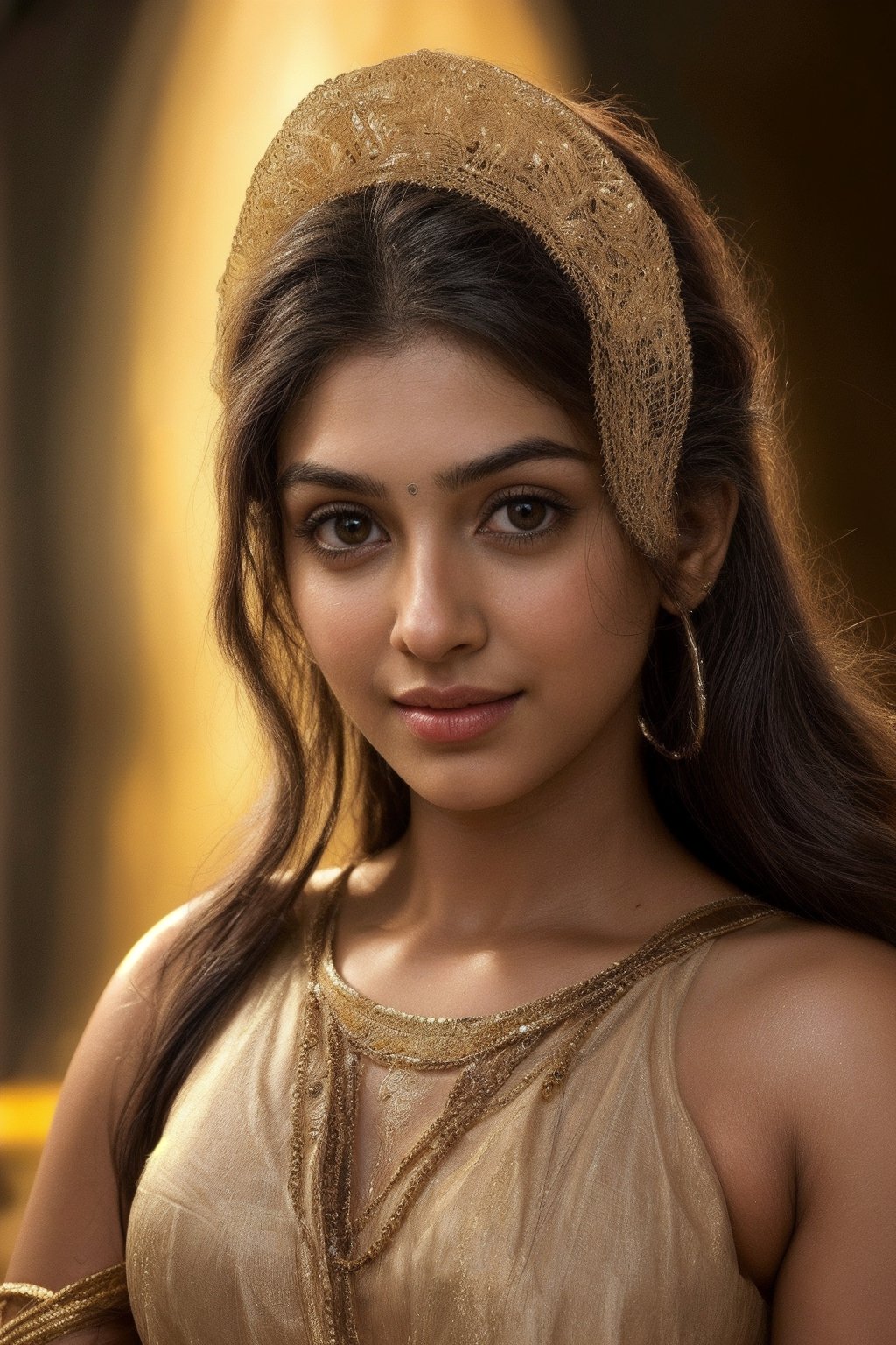 ## Prompt:

**Photo, 8K:** Beautiful Indian woman, 23, with subtle AI elements. Warm brown skin, dark eyes (gold flecks), arched brows, sculpted nose, full lips (slight smile). Long, wavy dark hair. Intelligent, curious expression. Neutral background. 