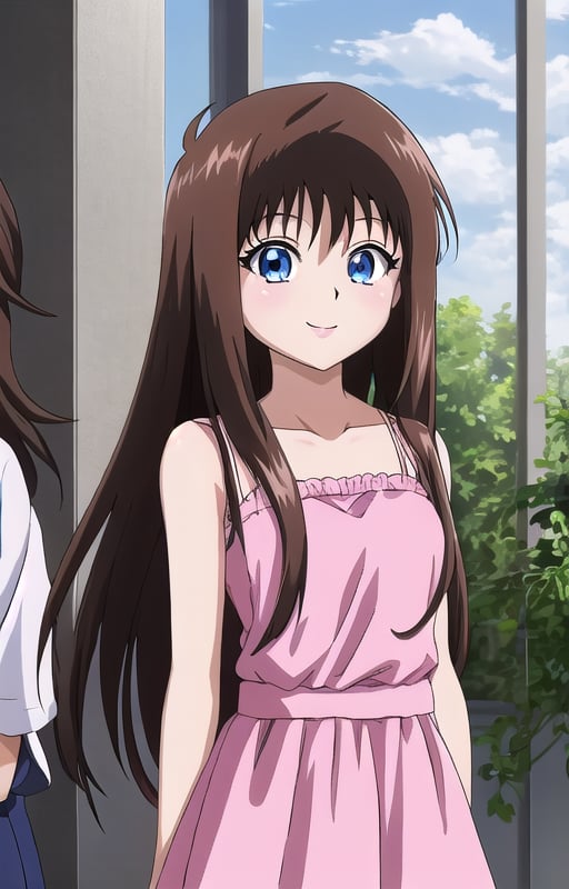 anzu mazaki, hair brown,  blue eyes , long hair, long hair , long hair , pink dress , pink dress, smile