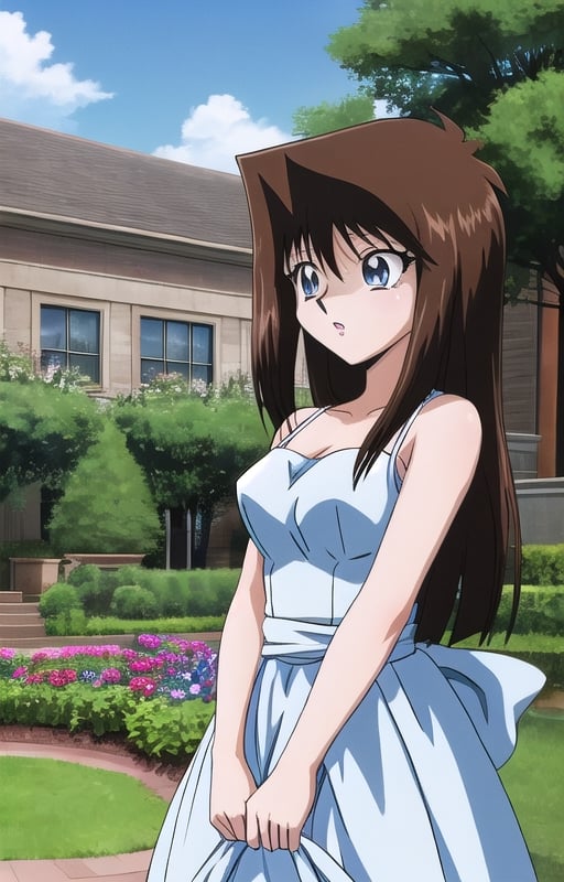 anzu mazaki ,duel monsters, hair brown, blue eyes, long hair, long hair , long hair , ,anzu_yugioh , garden  ,   long hair  dress blue, dress blue , dress black , 
Long hair, 