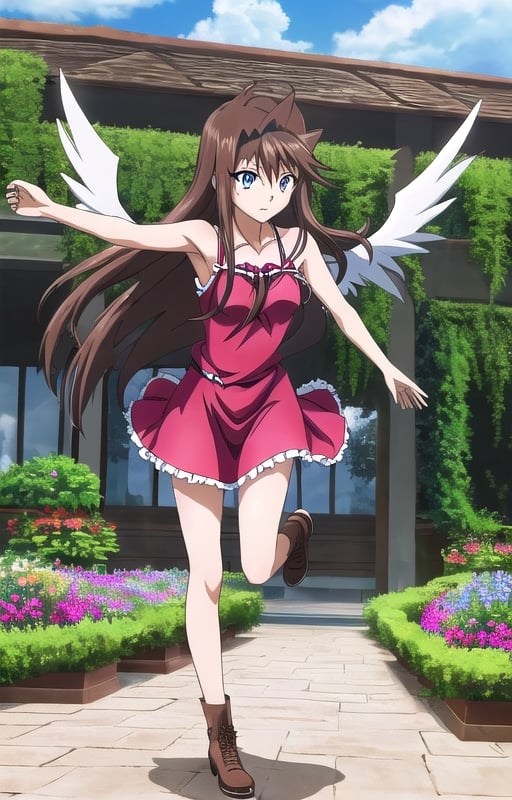 anzu mazaki , dsod, hair brown, blue eyes, long hair, long hair, full body , full body, long hair flying, ,anzu_yugioh , garden beautiful ,   long hair flying, dress black, dress red , dress red 
Long hair, small