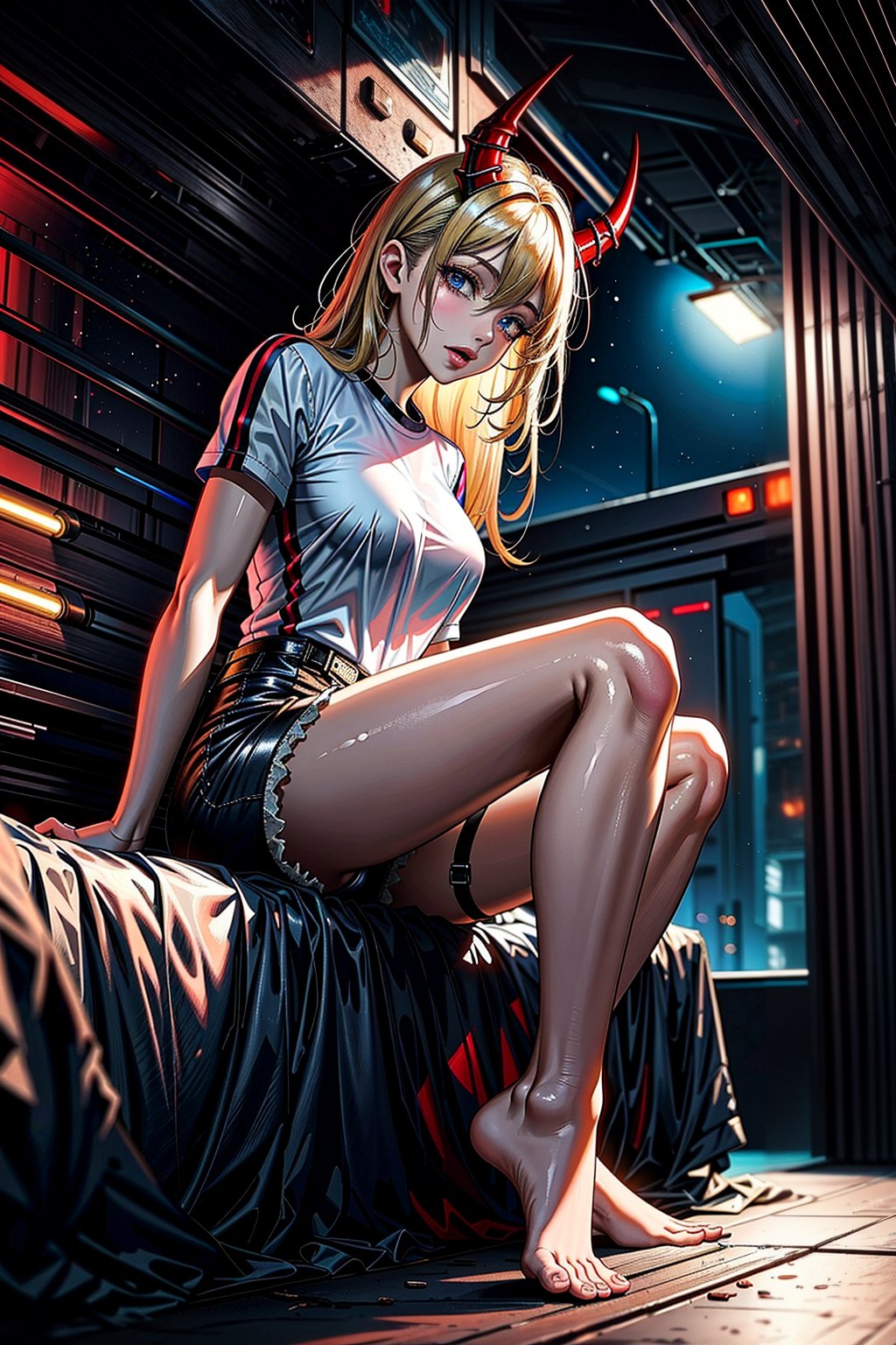 girl, blonde hair, beautiful, detailed background, (medium short shot), short white shirt, shorts, no shoes, long hair, yellow eyes, alone, on top of a building,red horns, at night,highly detailed.,Power/Chainsaw,muscle mommy,Red horns,ghostrider,Futuristic room