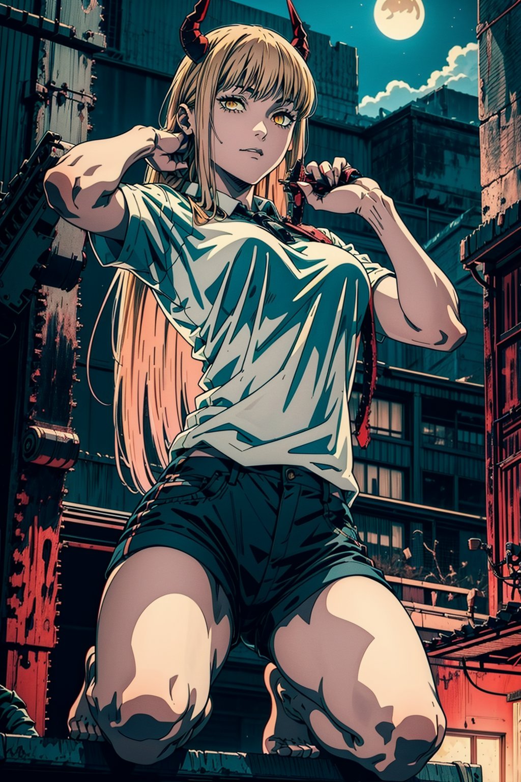 girl, blonde hair, beautiful, detailed background, (medium short shot), short white shirt, shorts, no shoes, long hair, yellow eyes, alone, on top of a building,red horns, at night,highly detailed.,Power/Chainsaw,muscle mommy,Red horns,ghostrider,Futuristic room,1girl, 1boy,clothing_inner_view, hetero,power_csm,makima (chainsaw man)