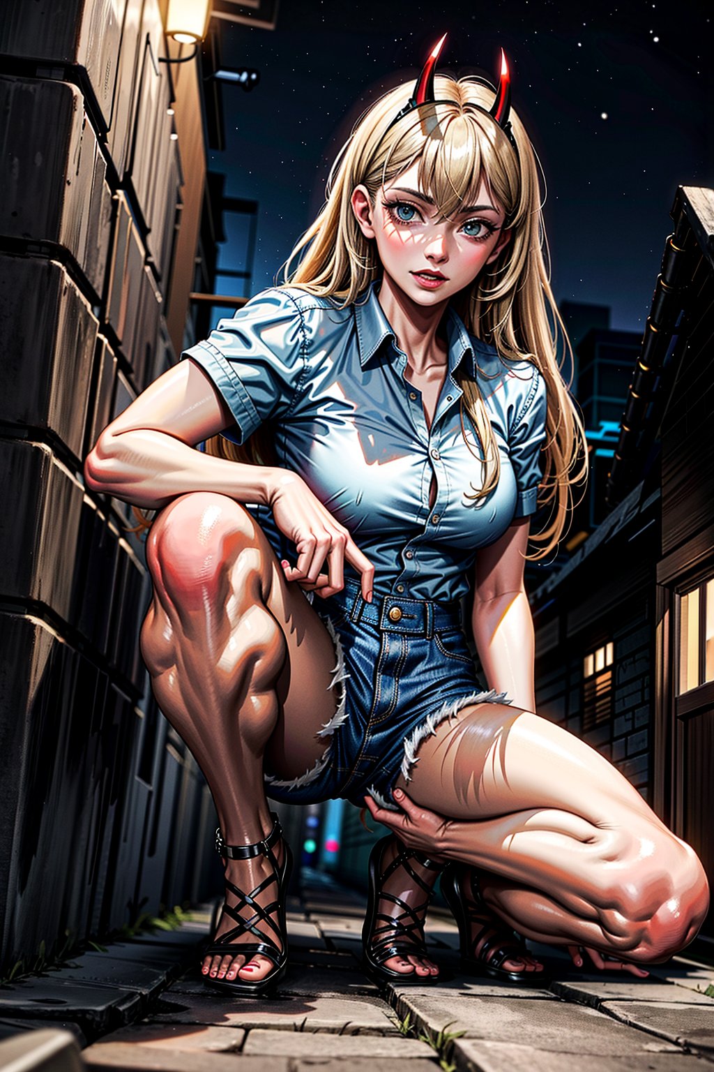 girl, blonde hair, beautiful, detailed background, (medium short shot), short white shirt, shorts, no shoes, long hair, yellow eyes, alone, on top of a building,red horns, at night,highly detailed.,Power/Chainsaw,muscle mommy