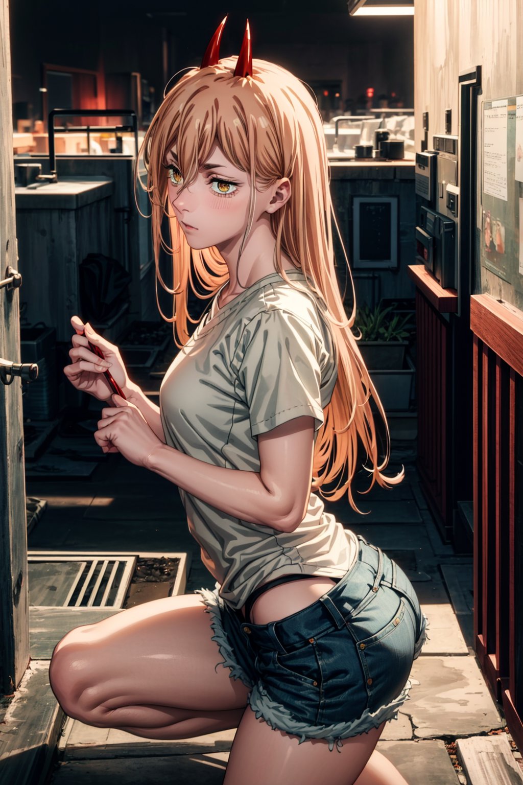 girl, blonde hair, beautiful, detailed background, (medium short shot), short white shirt, shorts, no shoes, long hair, yellow eyes, alone, on top of a building,red horns, at night,highly detailed.,Power/Chainsaw,muscle mommy,Red horns,ghostrider,Futuristic room,makima (chainsaw man),power_chainsawman,power_csm